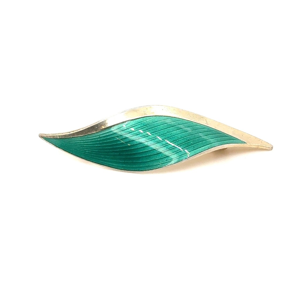 Vintage Sterling Silver 925 Green Guilloche Enamel Leaf Brooch Pin Gold Tone